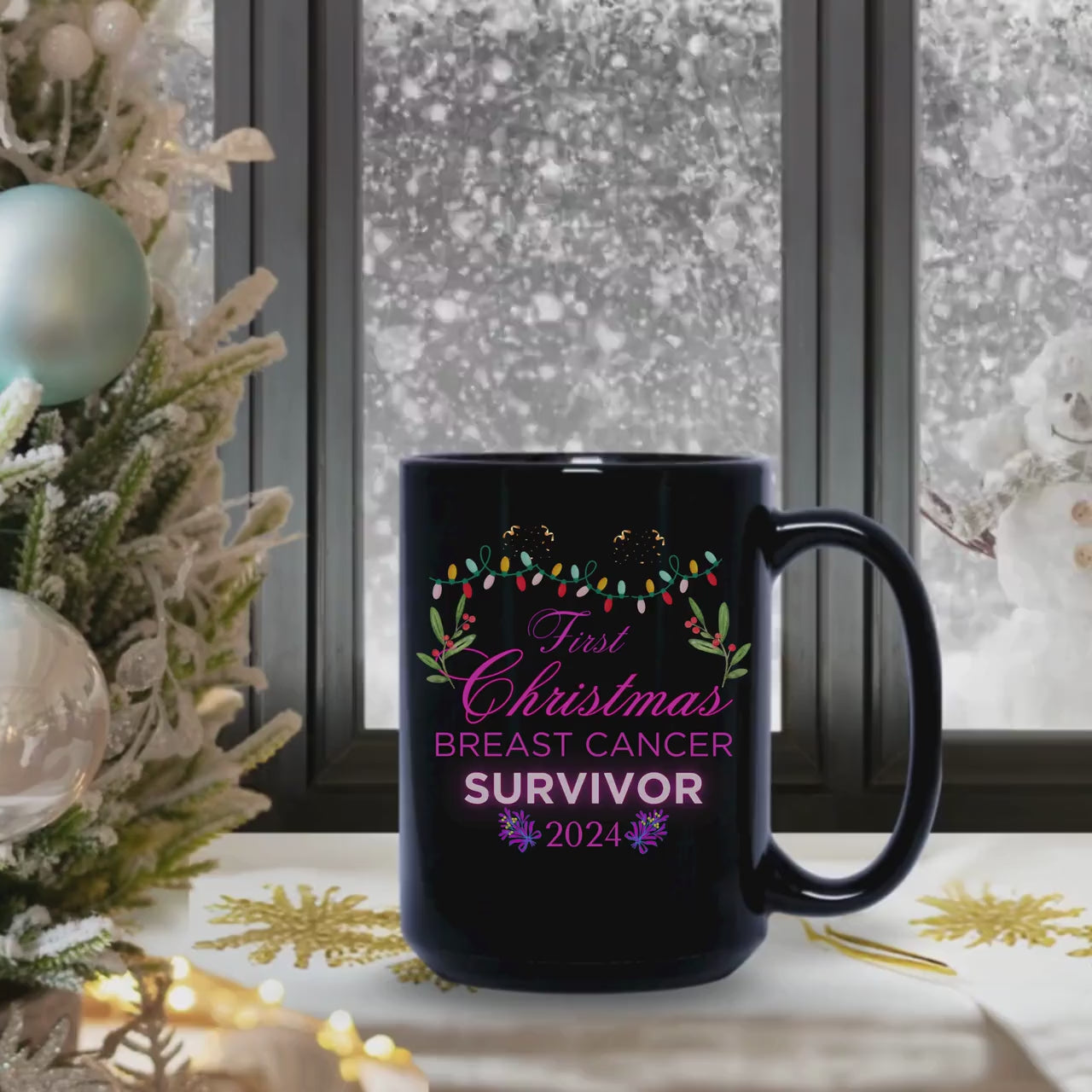 First Christmas Breast Cancer Coffee Mug, 15oz,  First Christmas Coffee Cup, Pink Ribbon Gift, Cancer Survivor, Fight Like A Girl Tea Mug